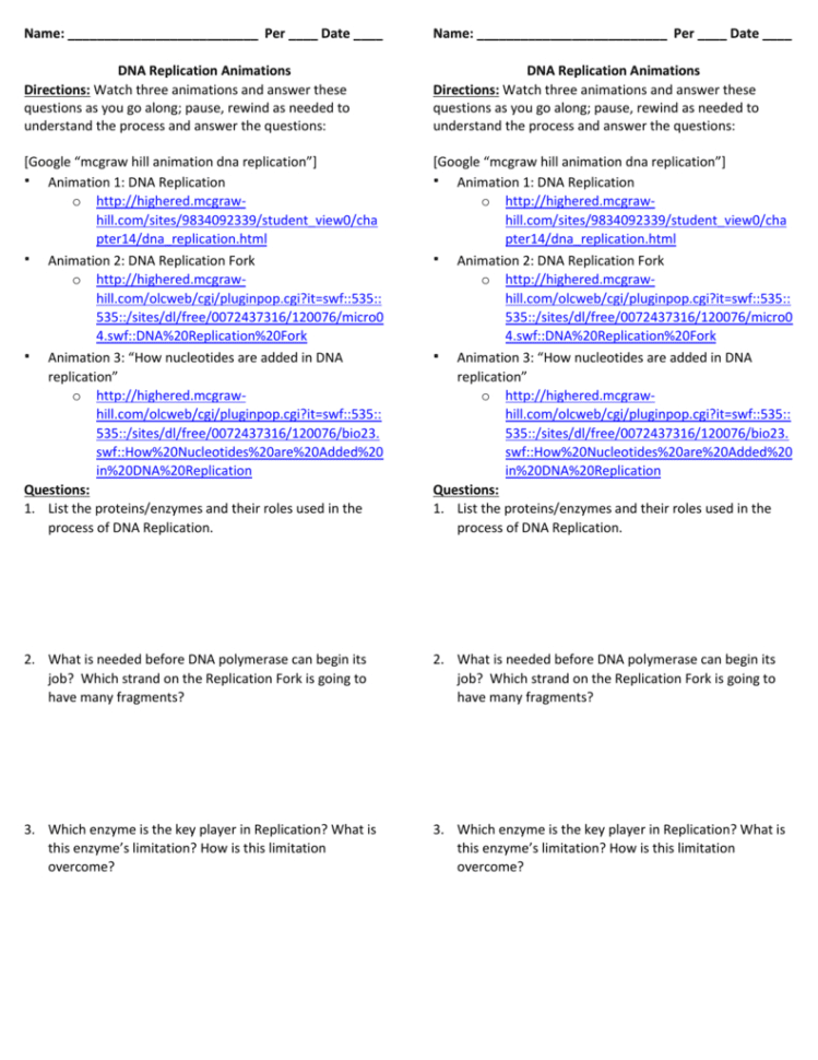 Dna Replication Worksheet – Tch The Animations And Answer