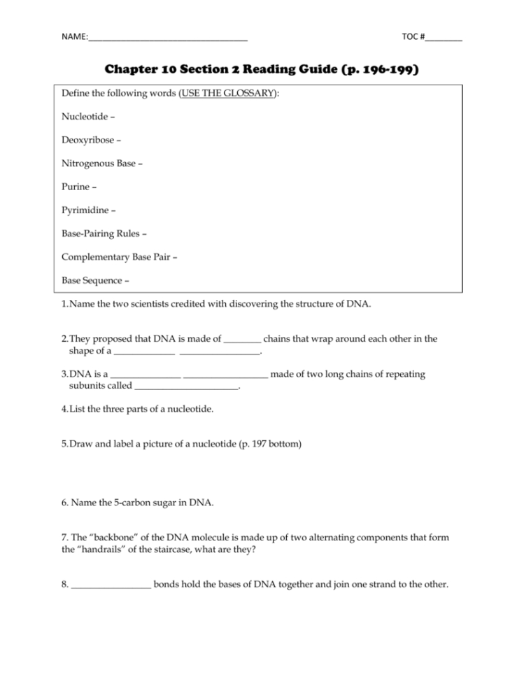 Dna Structure Worksheet