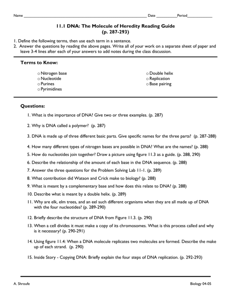 Dna The Molecule Of Heredity Reading Guide