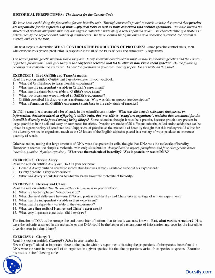 Dna The Molecule Of Heredity Worksheet  Yooob