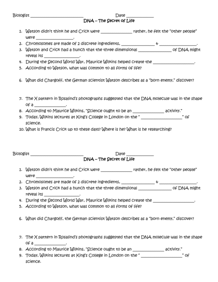 Dna The Secret Of Life Worksheet Answers Math Worksheets