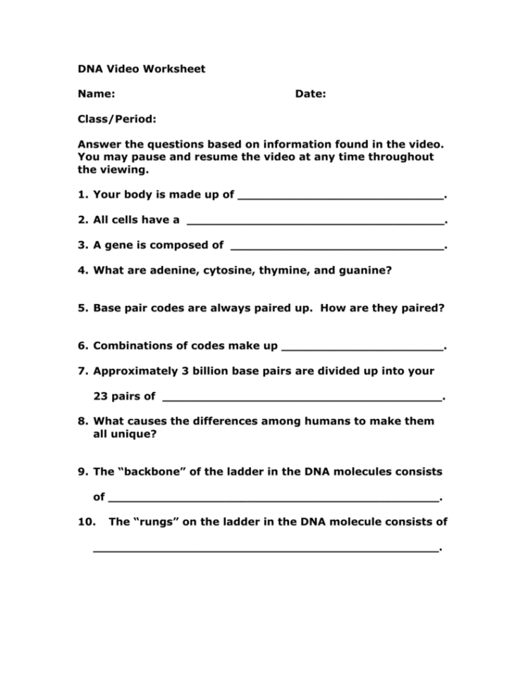 Dna Video Worksheet
