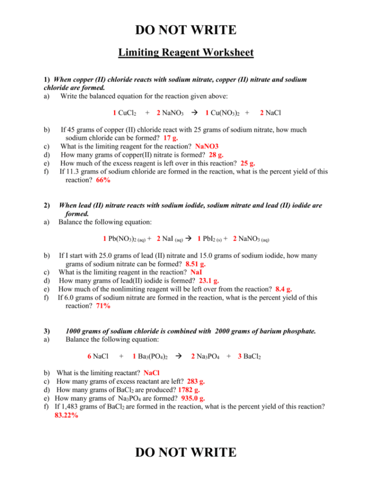 Limiting Reagent Worksheet —