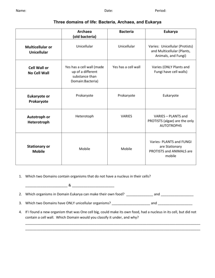 Domain And Kingdom Worksheet1