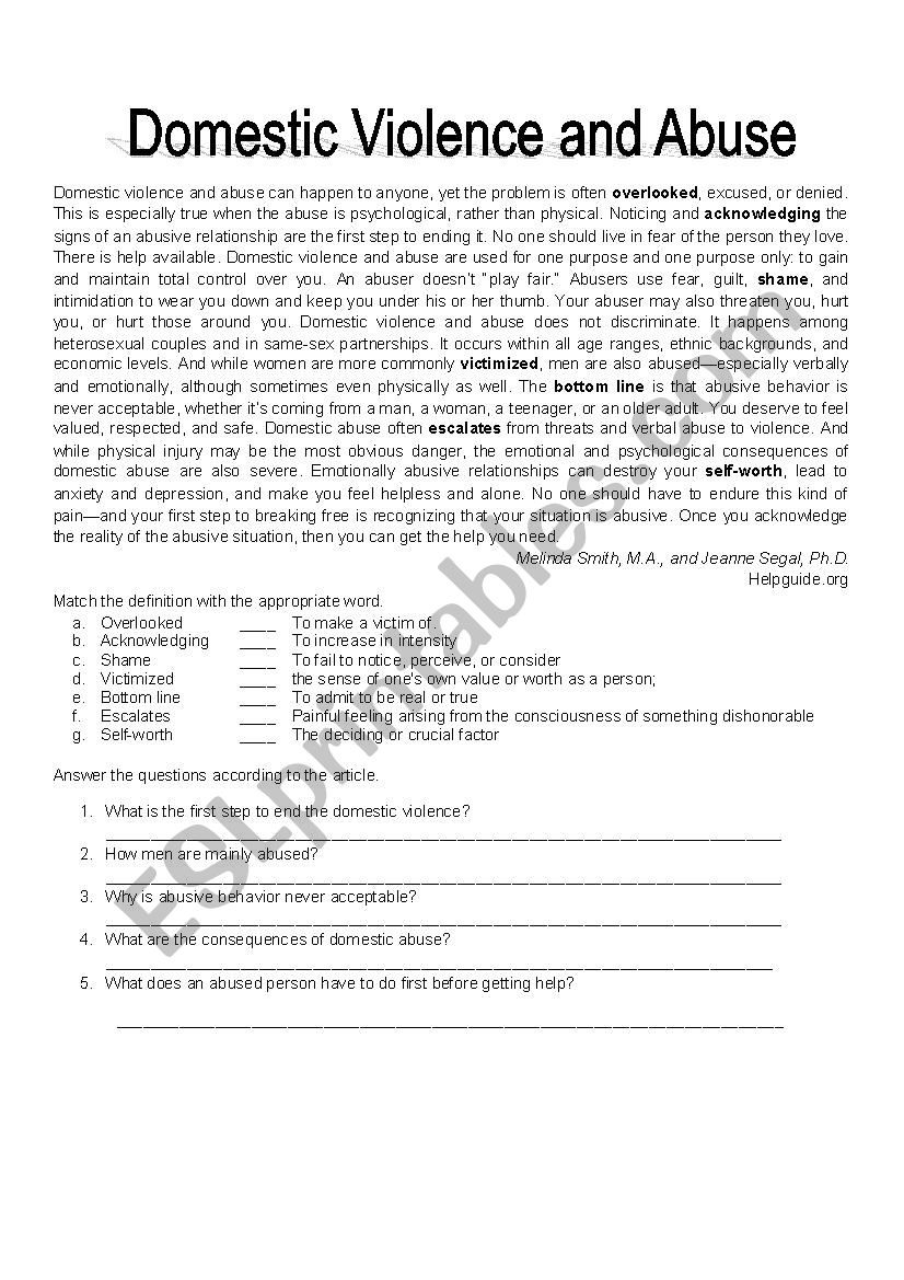Domestic Violence And Abuse Reading  Song  Esl Worksheet