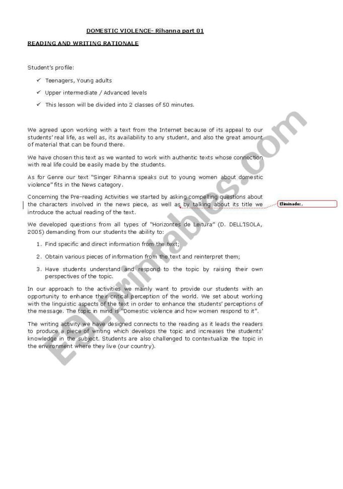 Domestic Violence Part 01 Rihanna  Esl Worksheetlcarvalho