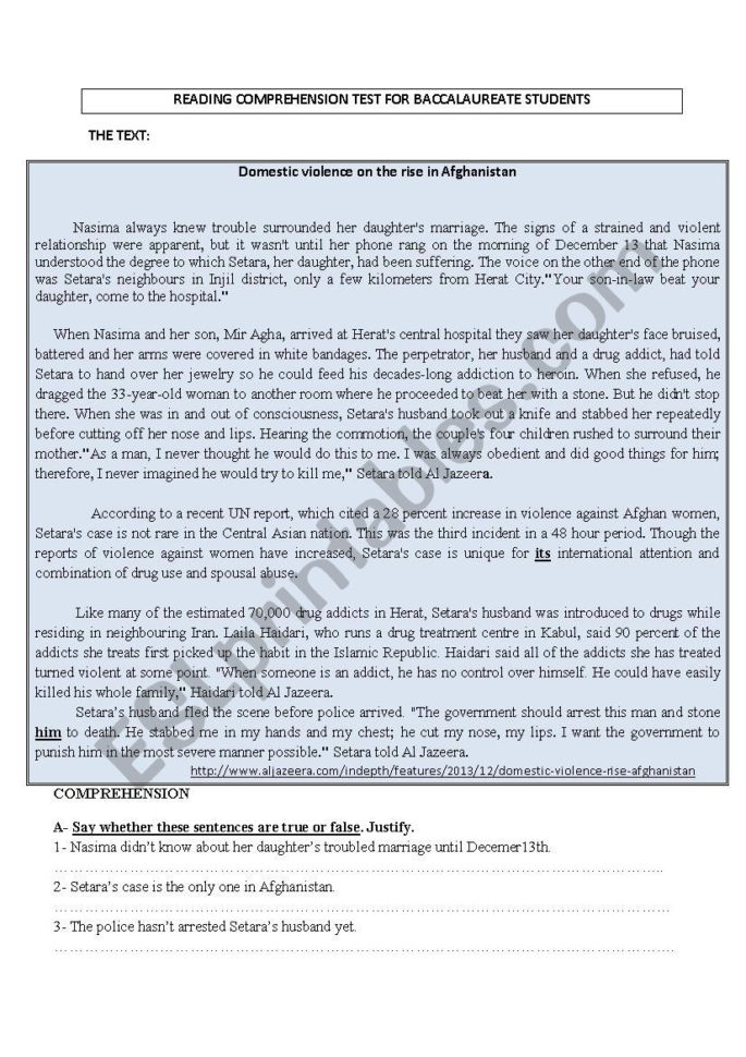 Domestic Violence  Reading Test  Esl Worksheetssim2004