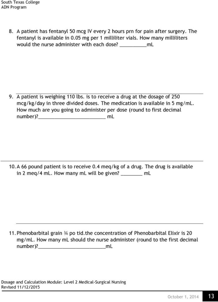 Nursing Dosage Calculation Practice Worksheets —