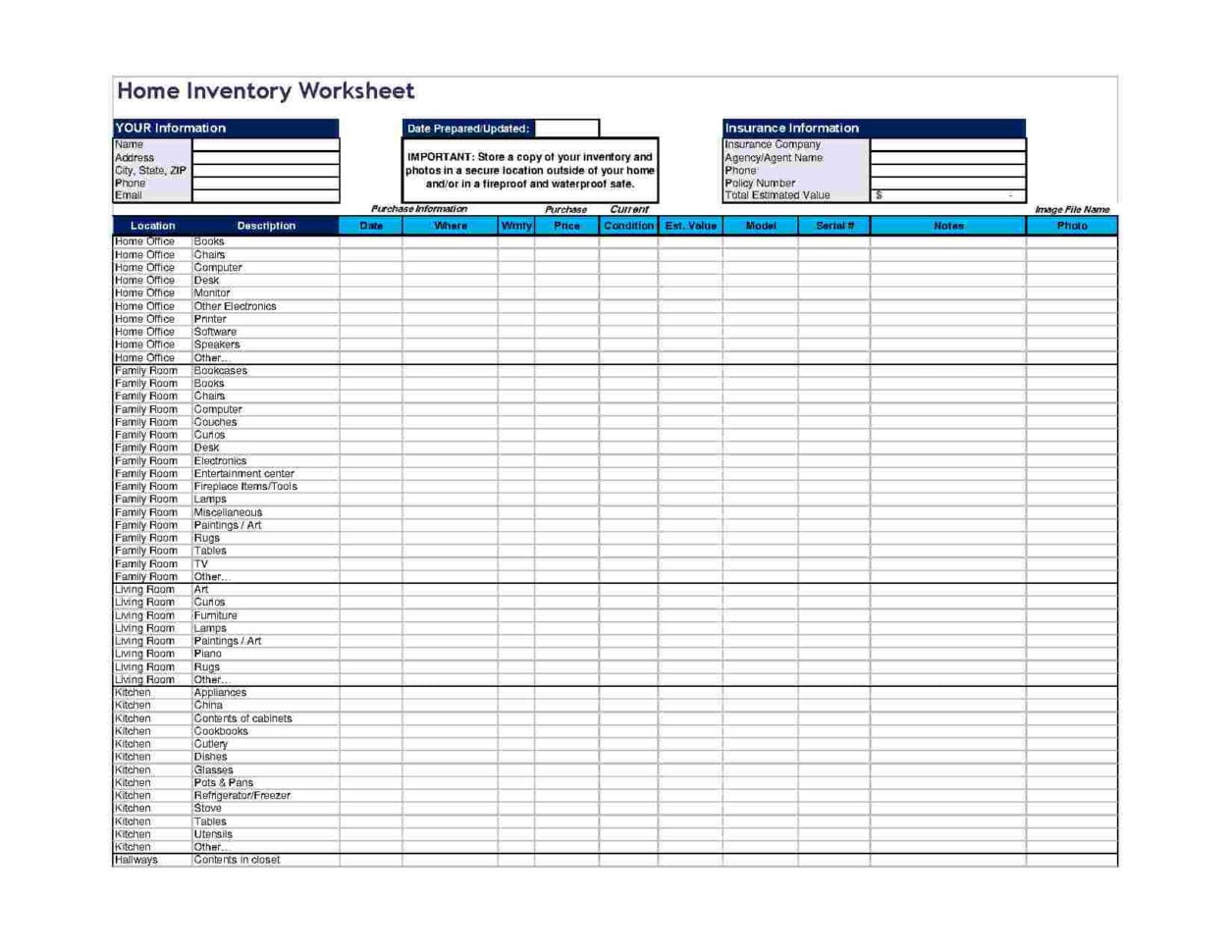 home inventory worksheet