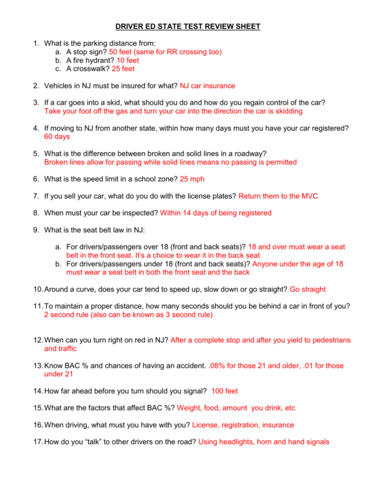 Driver Ed State Test Review Sheet