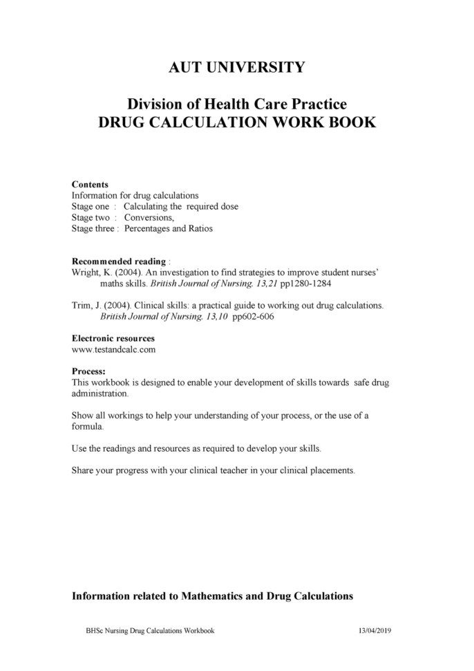 Drug Calculation Workbook July 2017  Integrated Nursing
