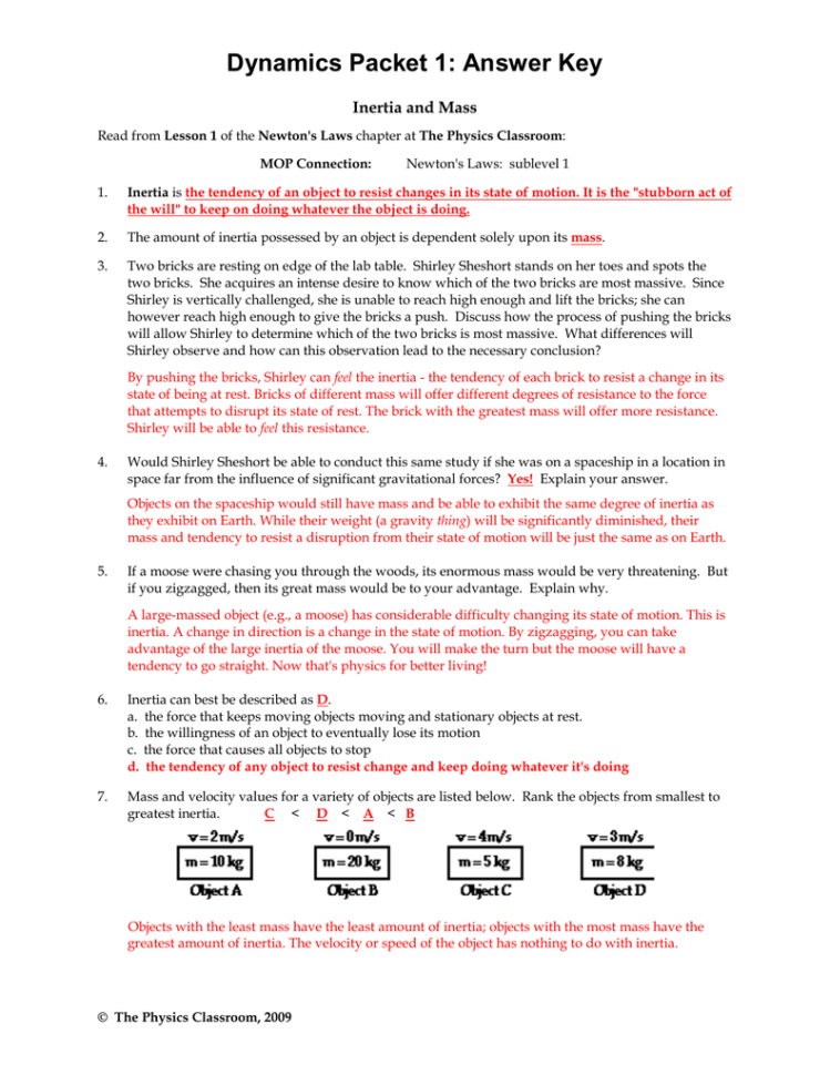 Dynamics Packet 1 Answer Key Inertia And Mass