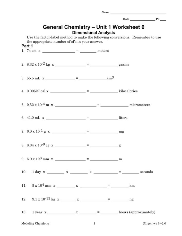 E Unit Worksheet General Dimensional Analysis Worksheet