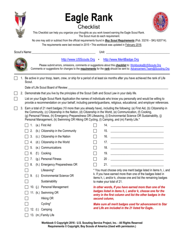 Eagle Scout Merit Badge Requirements Worksheet —