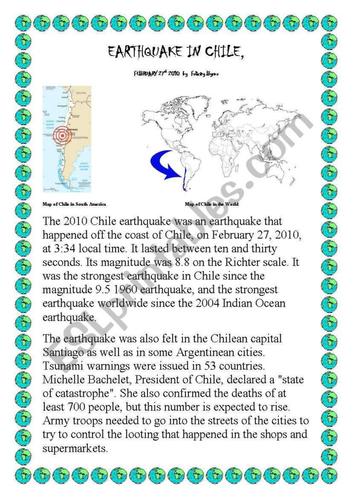 Earthquake In Chile 2010  Esl Worksheetcitylearninentre