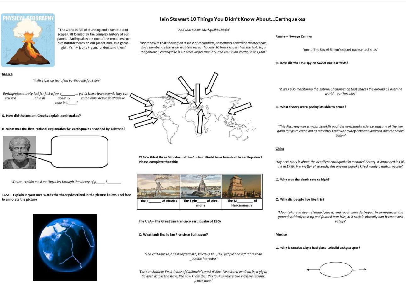 Earthquakes  10 Things You Didn't Know About Worksheet To Support The  Bbc Doc With Iain Stert