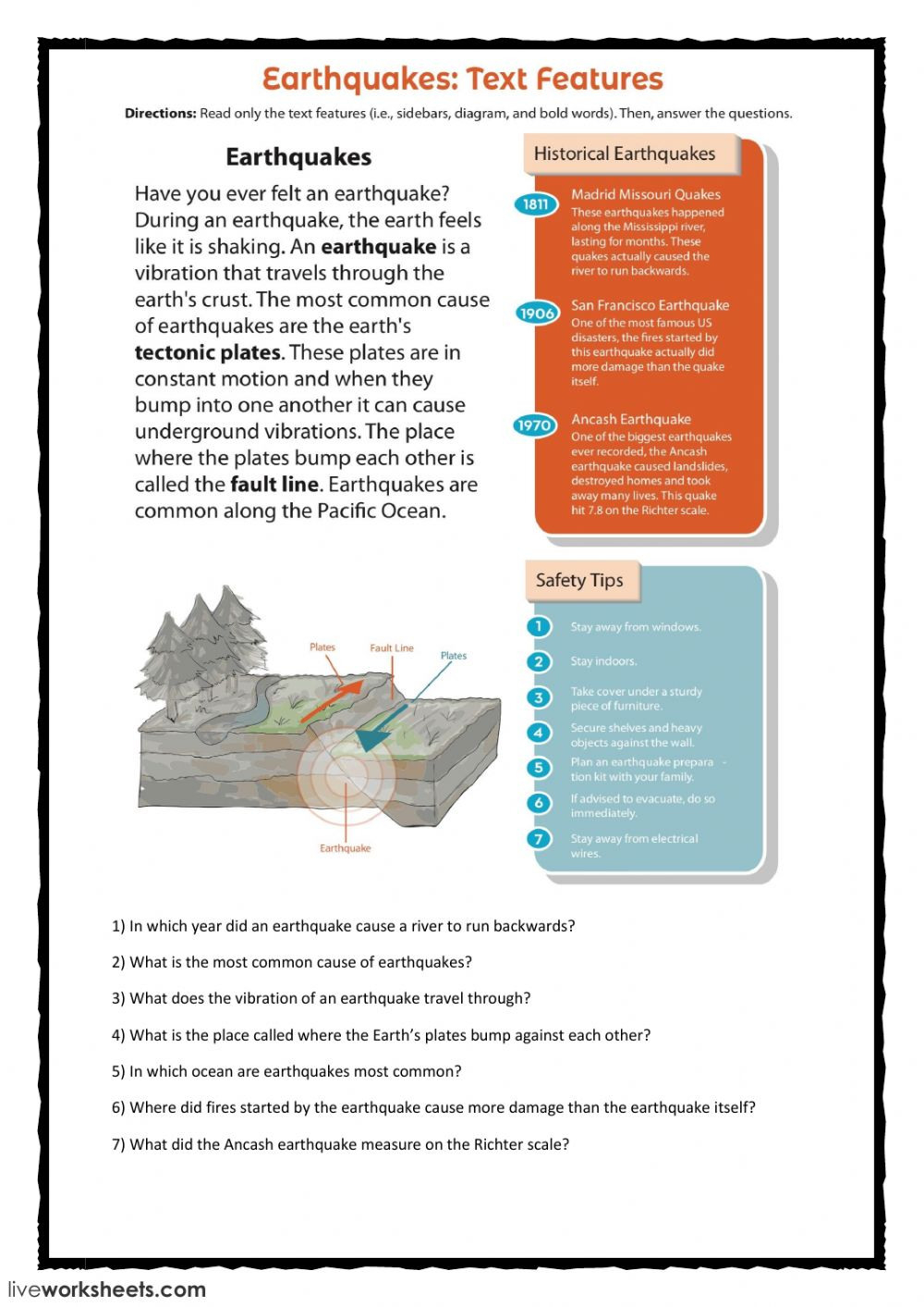 Printable Earthquake Comprehension Worksheets