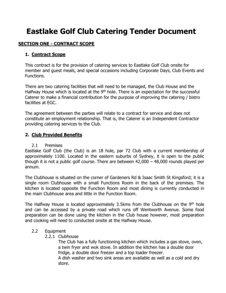 Eastlake Golf Club Contract Catering Tender Document