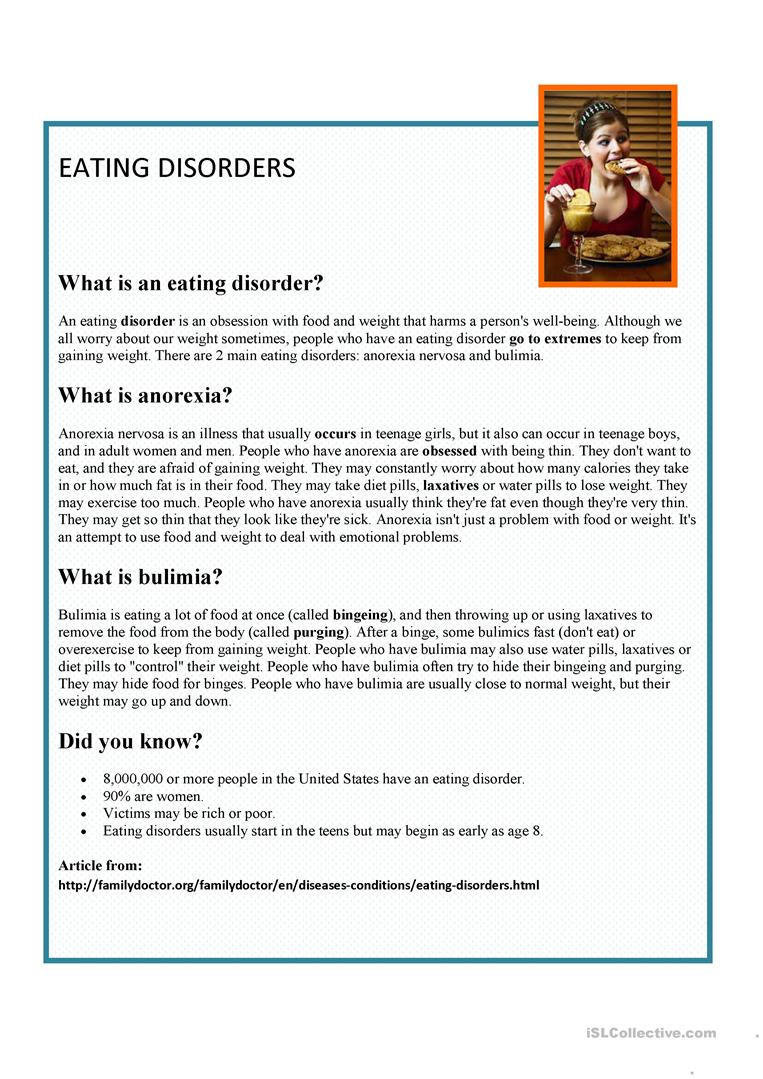 Eating Disorders  English Esl Worksheets