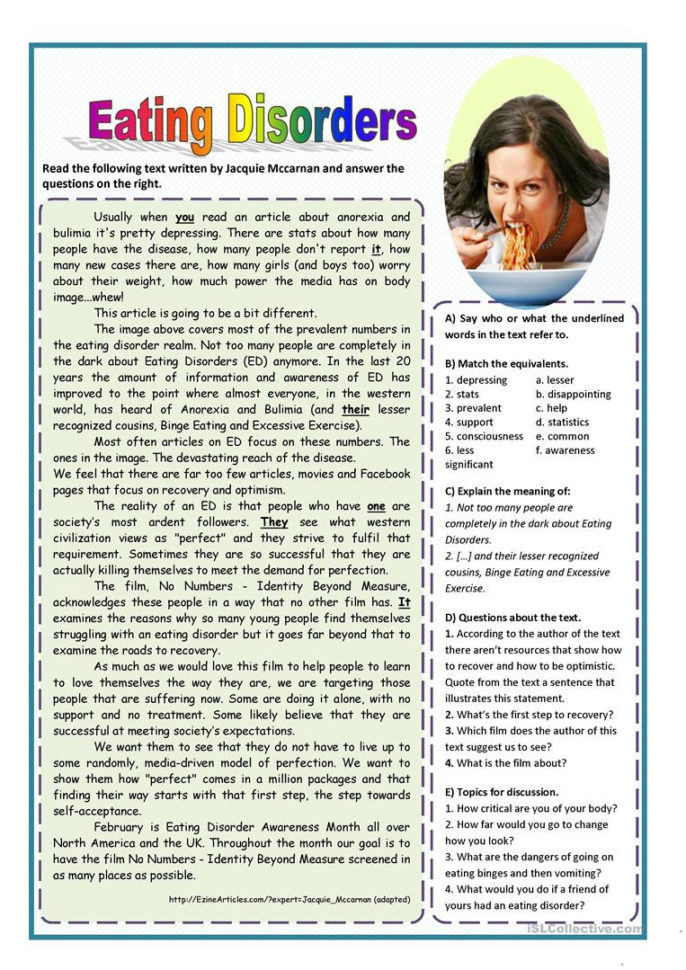Eating Disorders  English Esl Worksheets