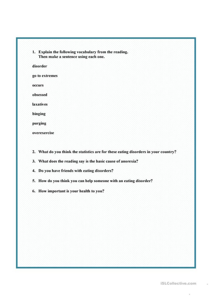 Eating Disorders  English Esl Worksheets