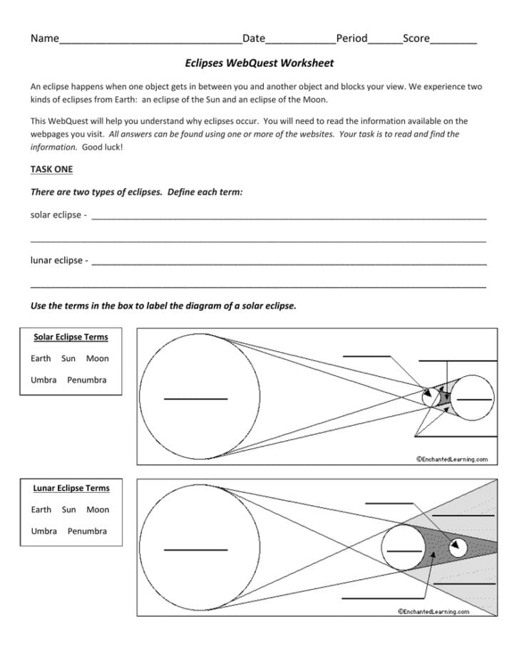 Solar And Lunar Eclipses Worksheet