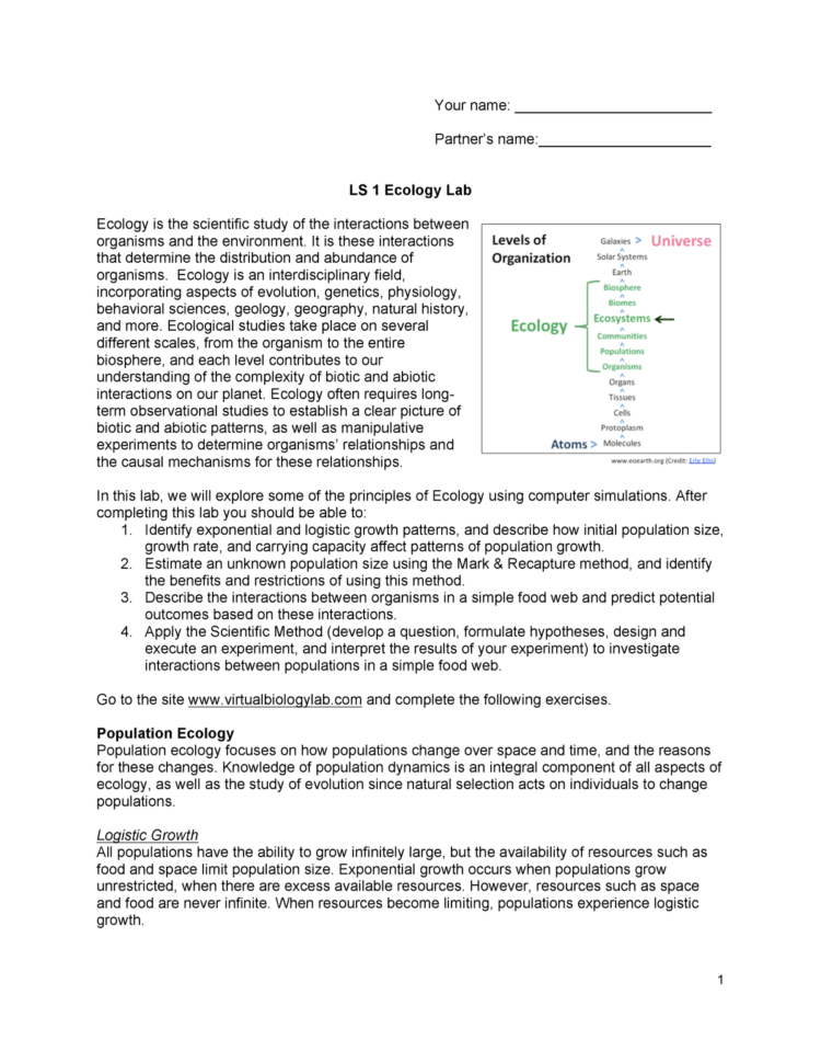 Eco Lab Student Handout  Ls 1 Evolution Ecology And