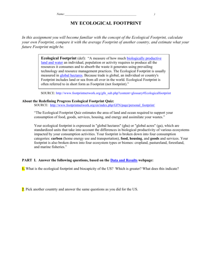 Carbon Footprint Worksheet Answers