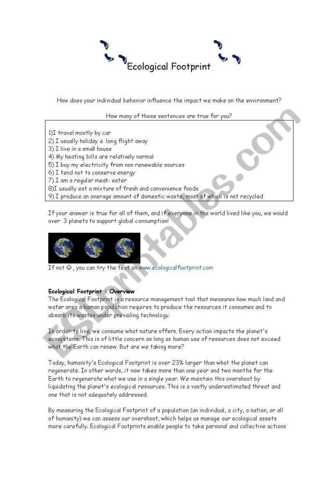 Ecological Footprint  Esl Worksheetstarfish
