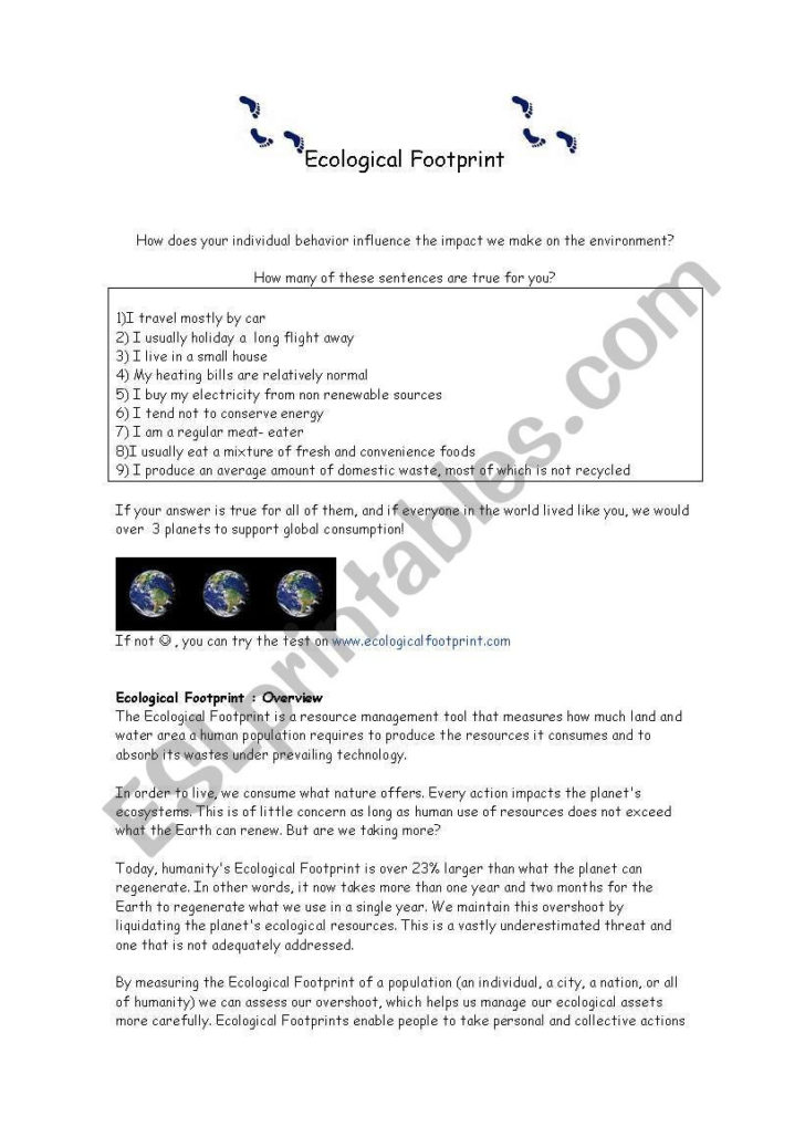 Ecological Footprint Worksheet Answers