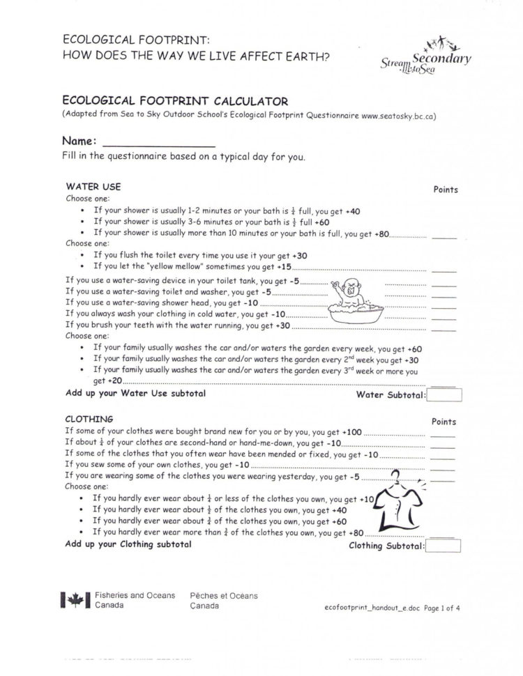 Ecological Footprint Worksheet   Worksheet