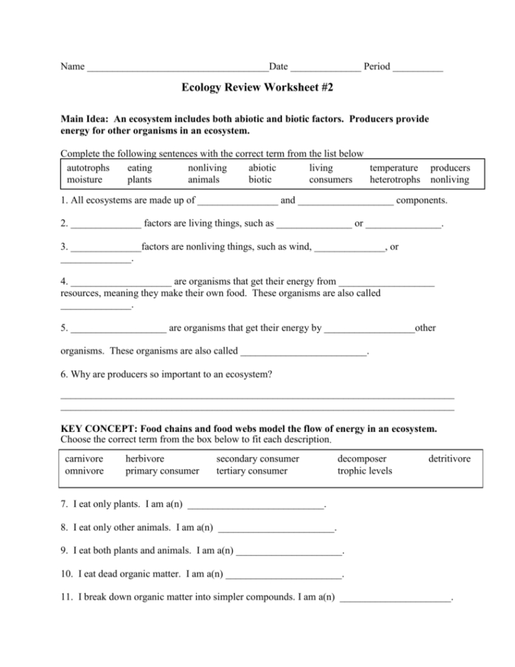 Ecology Review Worksheet  2