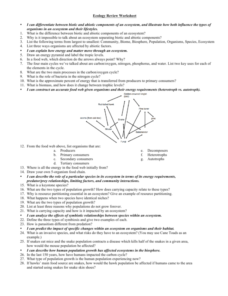 Ecology Review Worksheet • I Can Differentiate Between