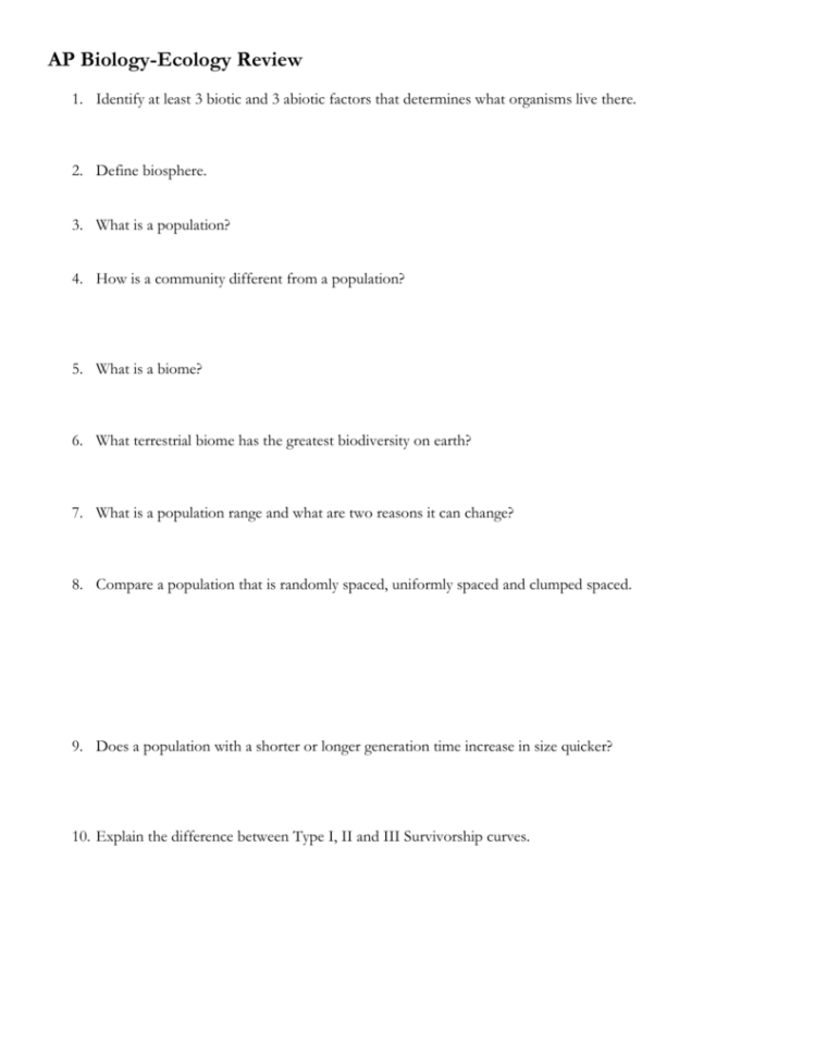 Ecology Review Worksheet  Tj