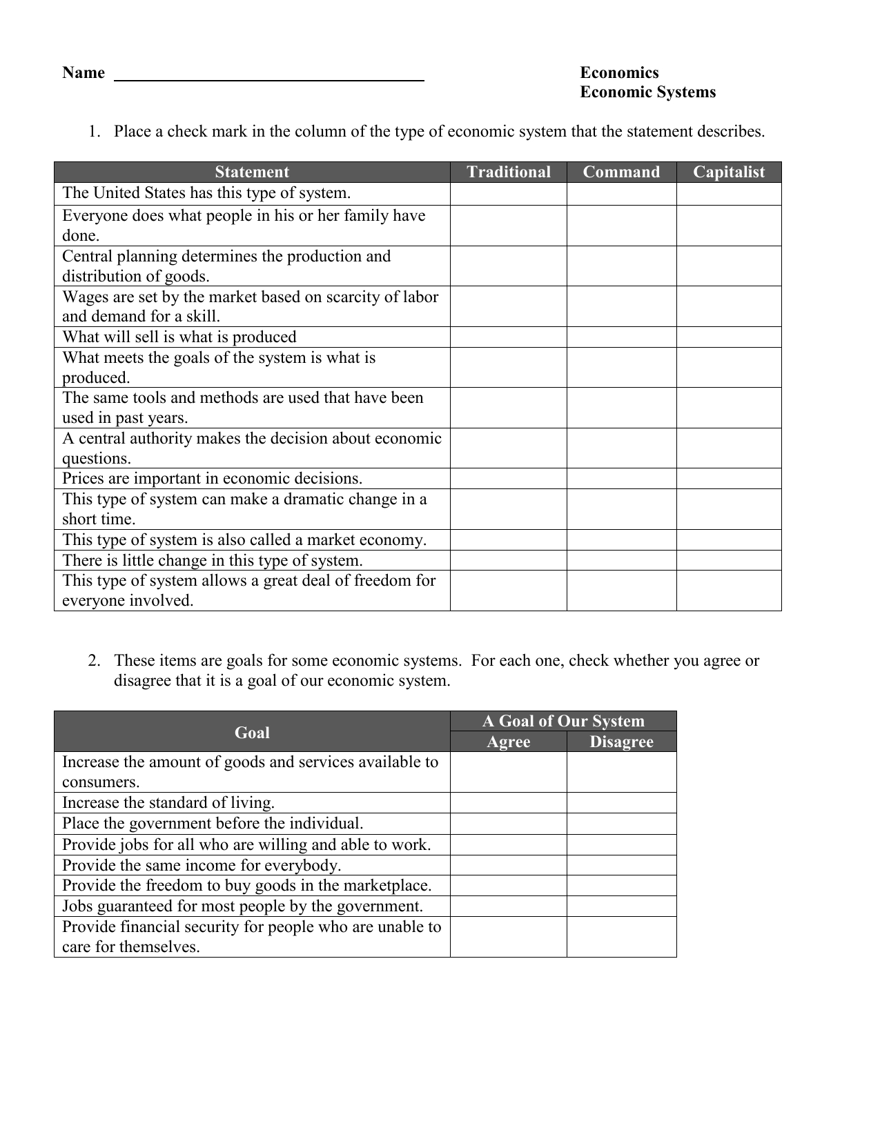 Economic Systems Worksheet Answer Key