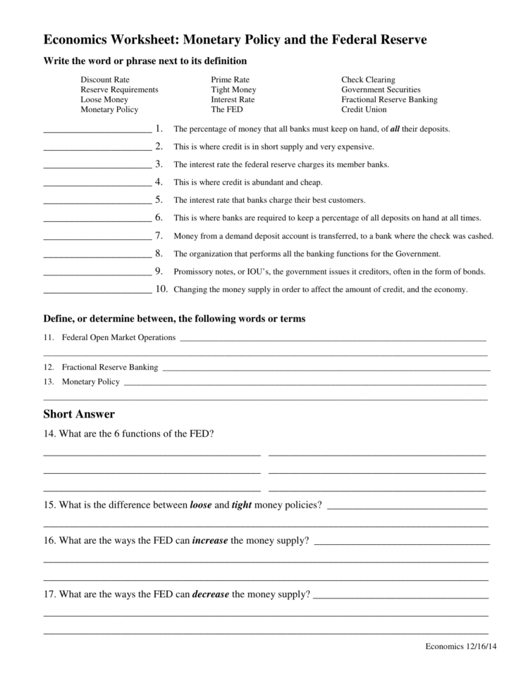 Monetary Policy Worksheet Answers — db-excel.com