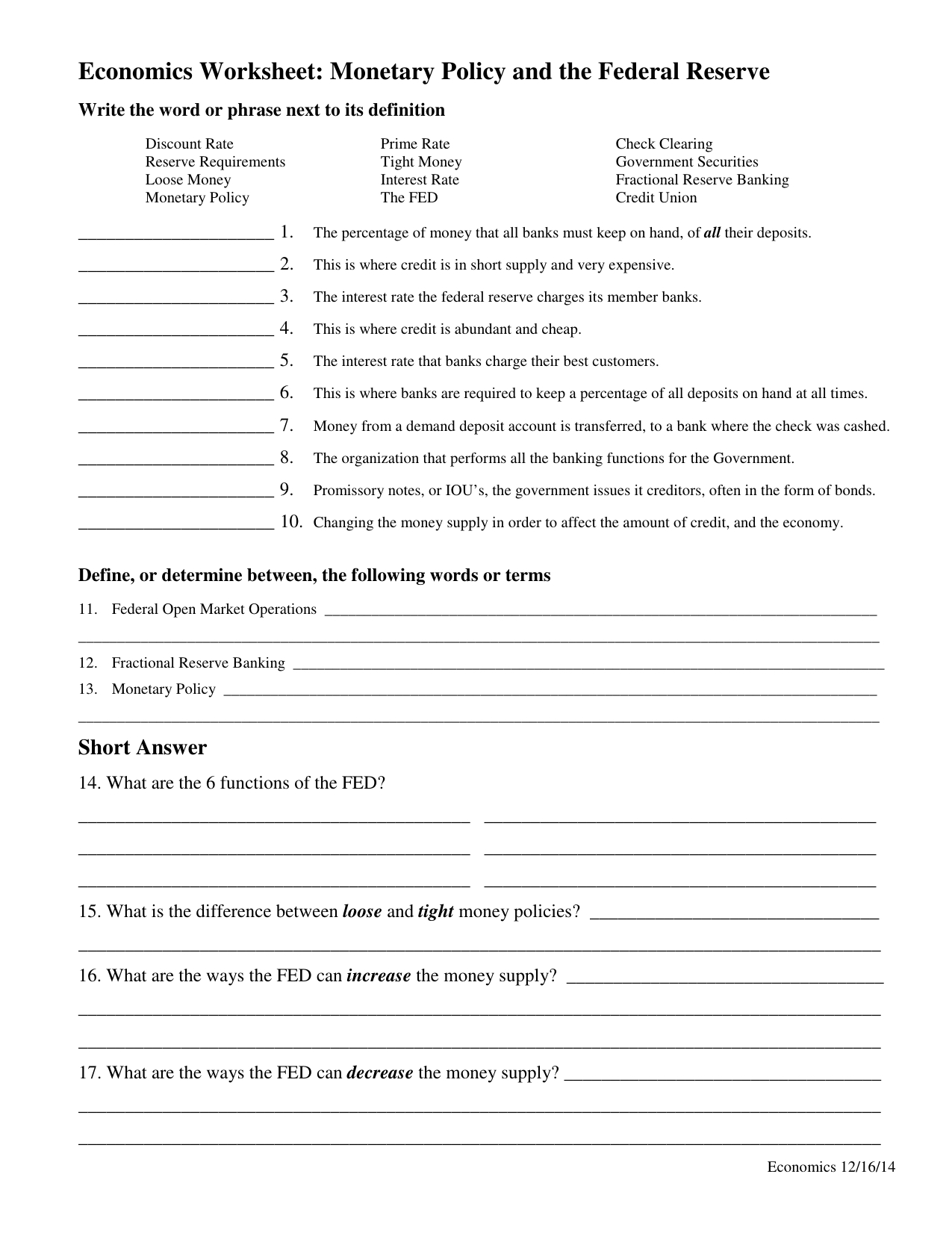 Monetary Policy Worksheet Answers Db excel