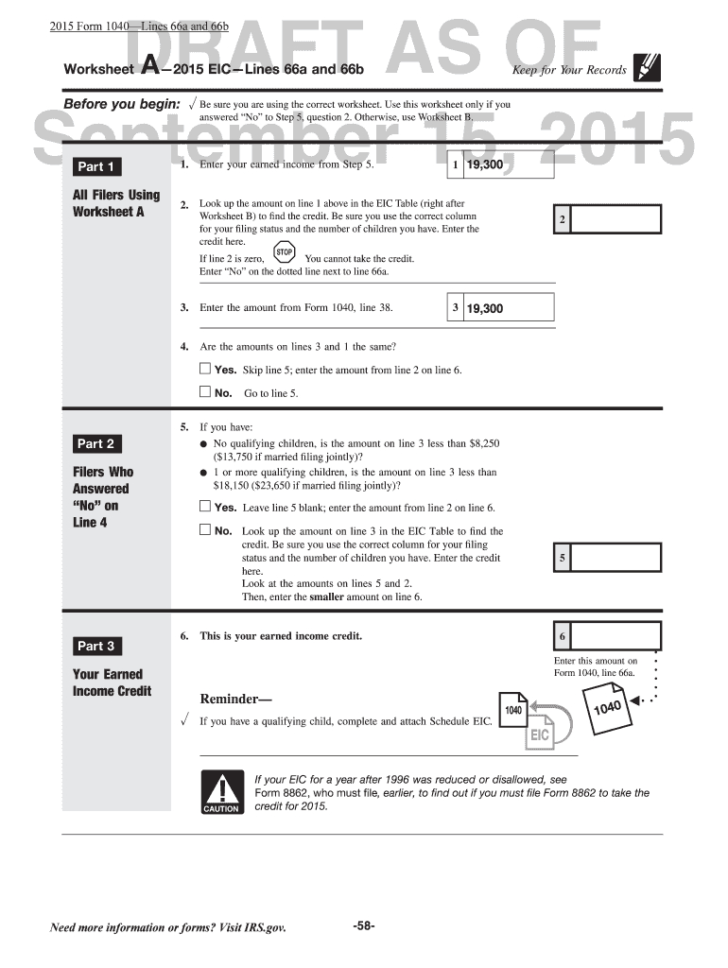 Earned Income Credit Worksheet