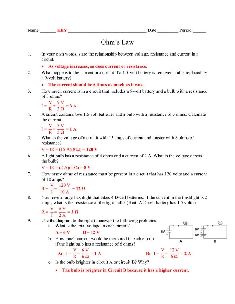 Electrical Resistance Worksheet Answers