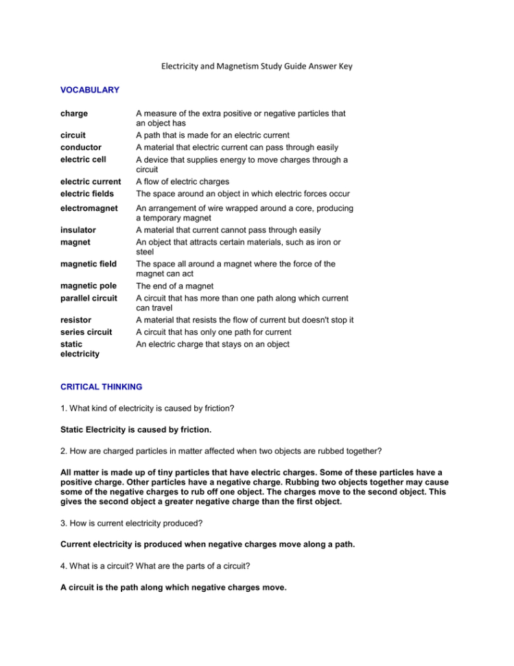 Electricity And Magnetism Study Guide Answer Key Vocabulary