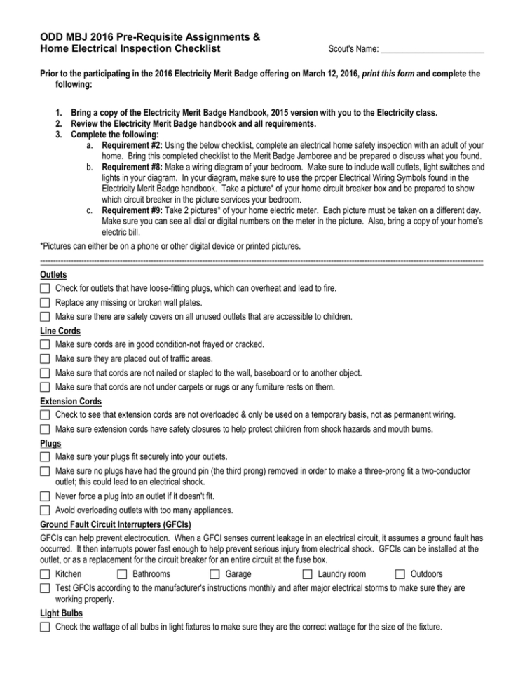 Electricity Home Inspection Checklist