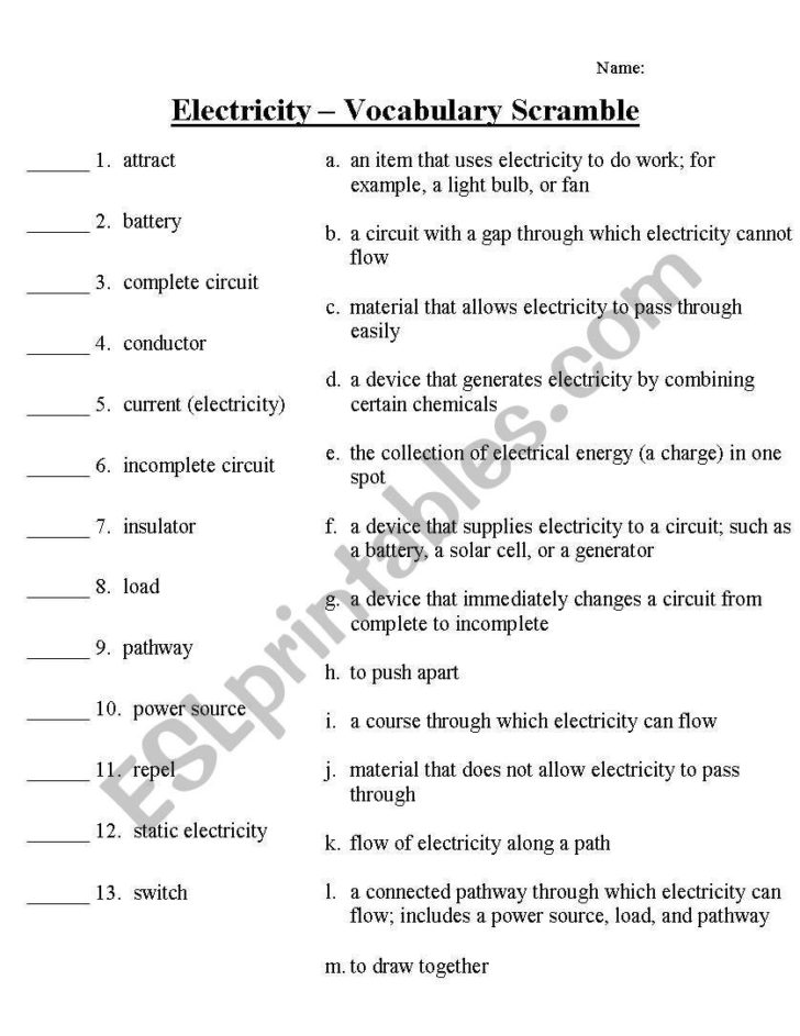 Electricity Worksheets 4Th Grade