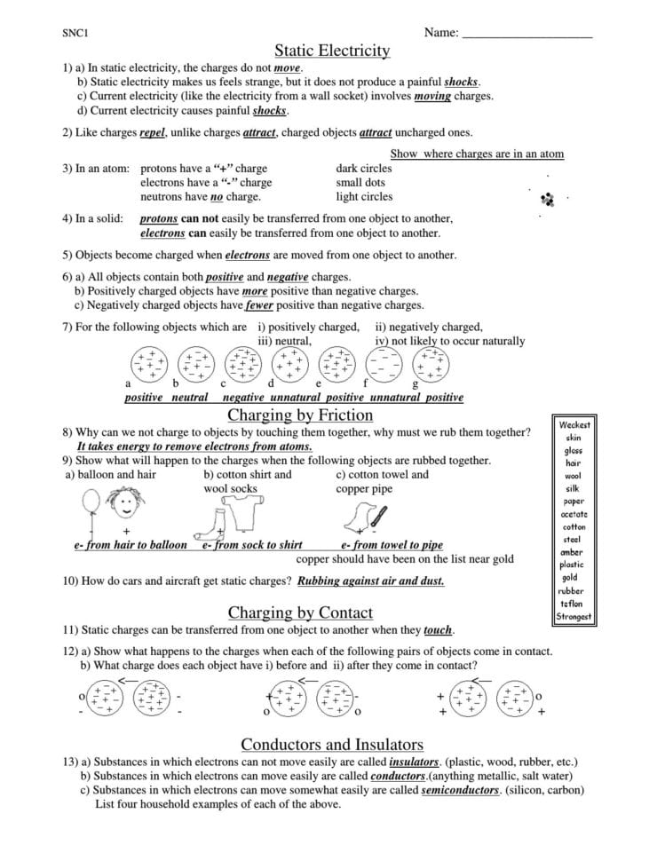 Electricity Worksheet Answer Key