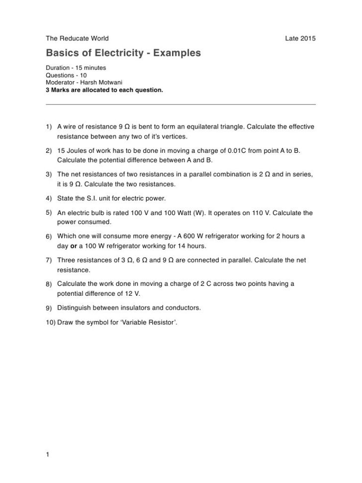 Electricity Worksheet  Pdf Archive