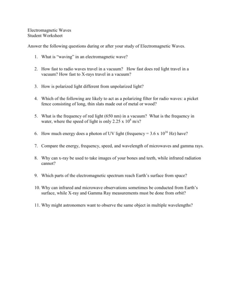 Electromagnetic Ves Student Worksheet Answer
