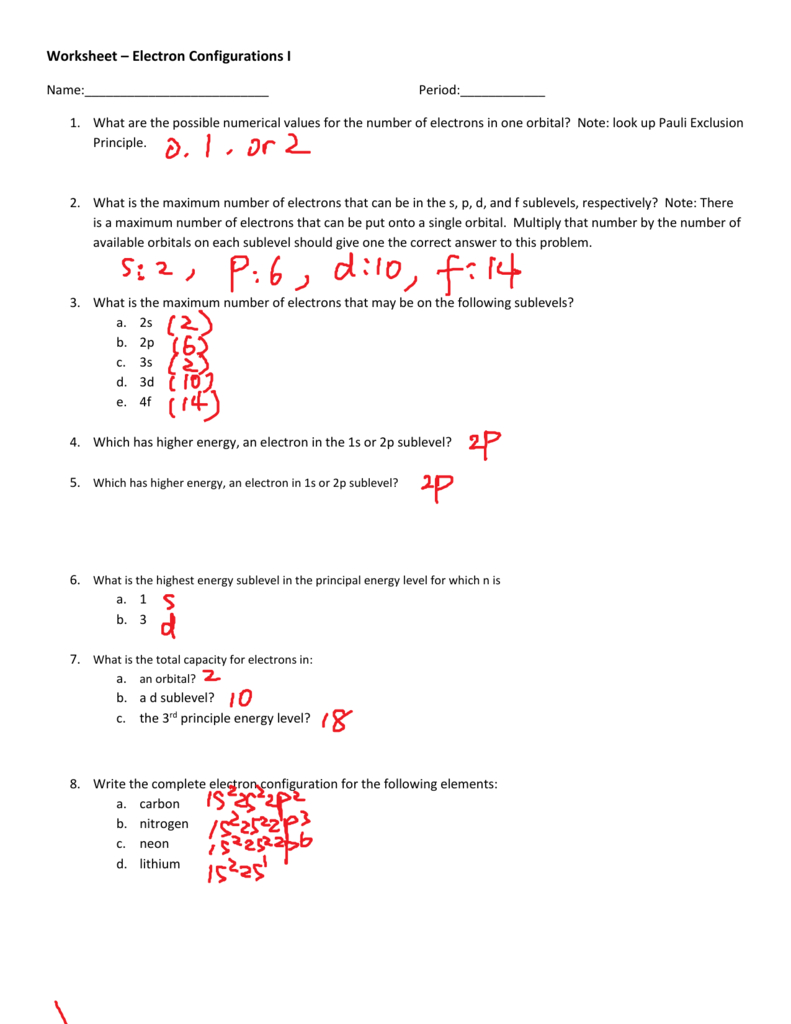 Electron Configuration Worksheet Answers Key