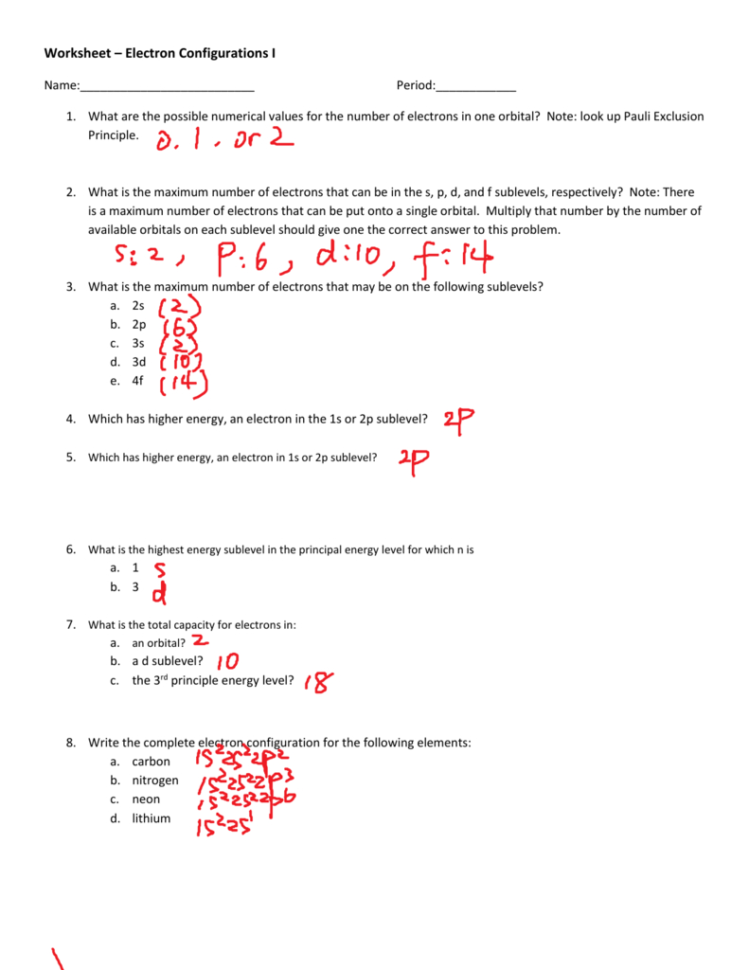 Electron Configurations Worksheet I Answers