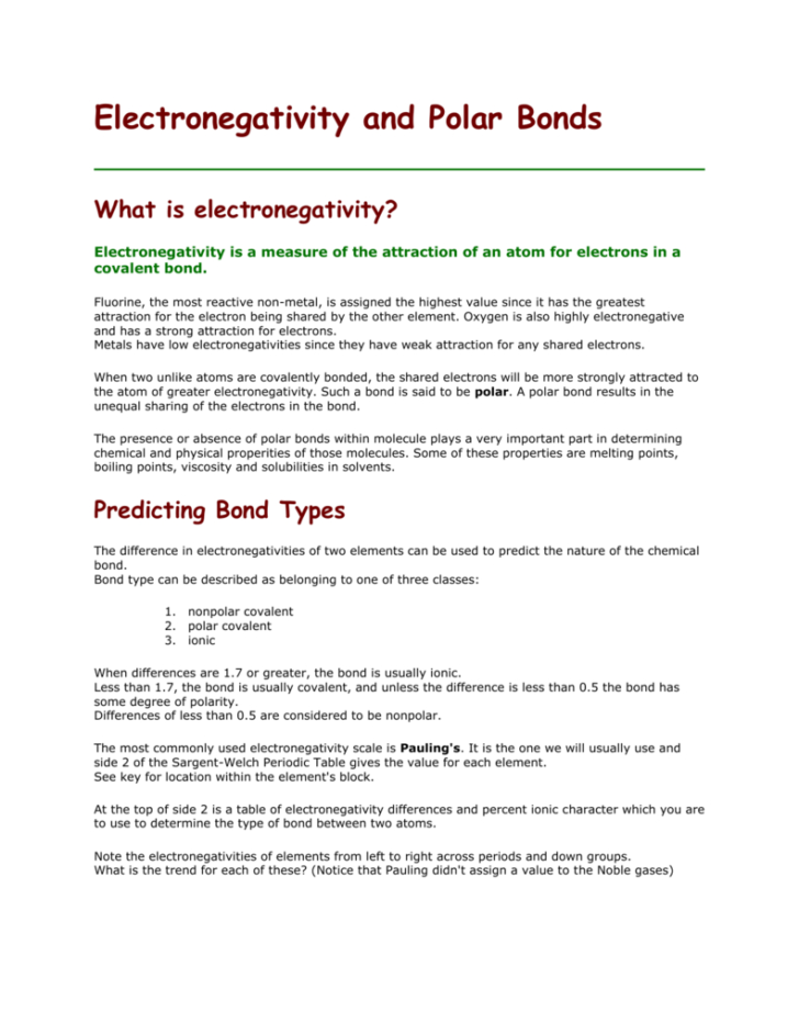 Polarity And Electronegativity Worksheet Answers