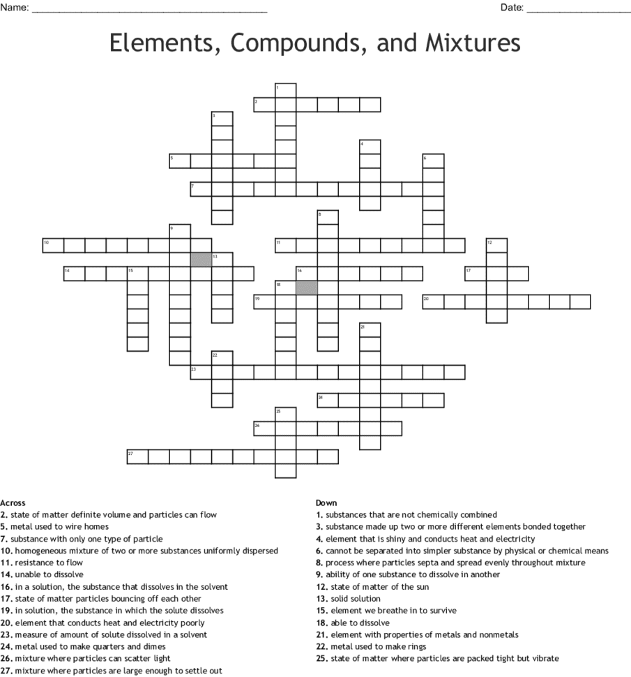 Elements Compounds And Mixtures Crossword  Word