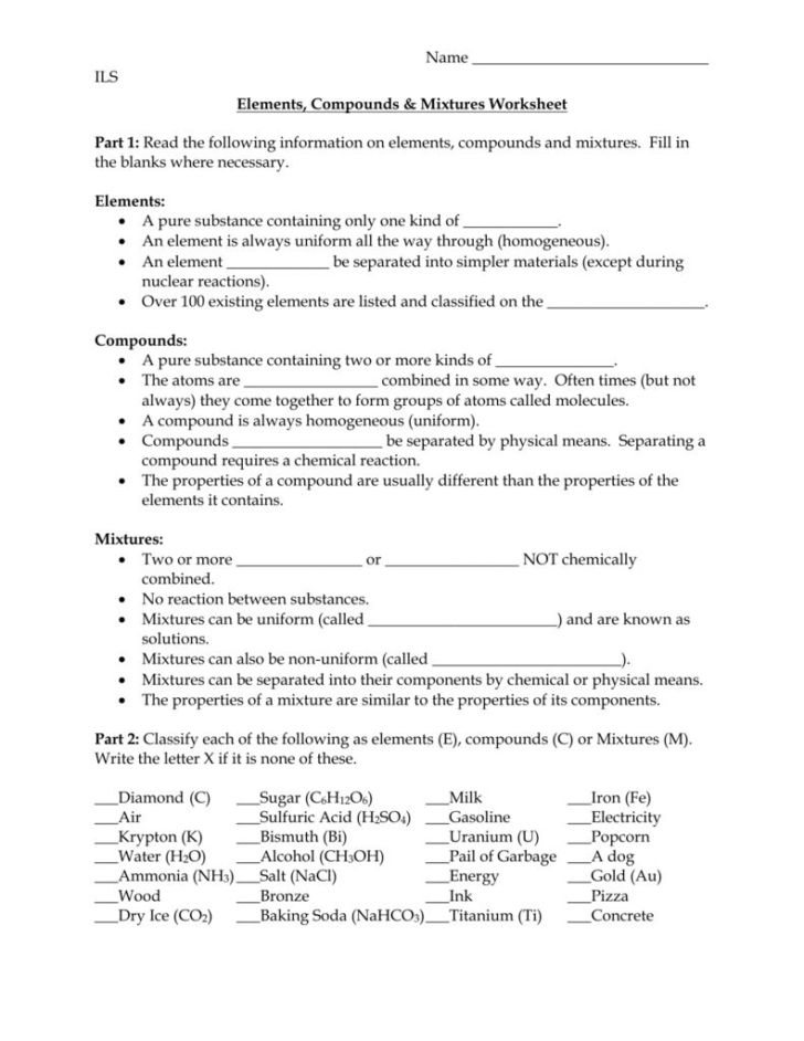 Elements Compounds And Mixtures Worksheet Pdf